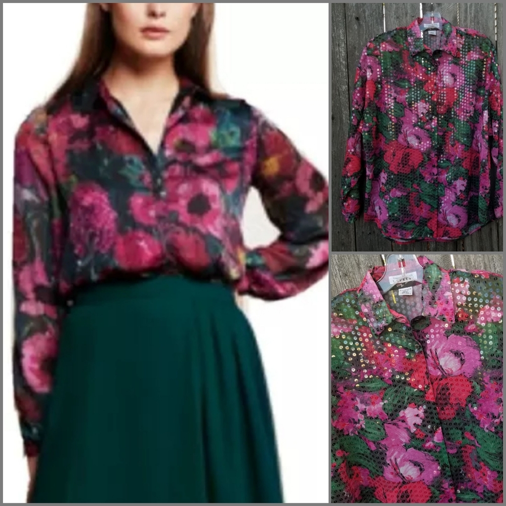 Vintage Sequins Blouse Sze M 2 Pink Red Gra